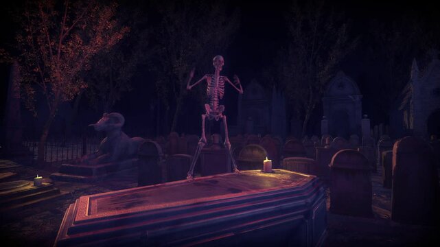 Un esqueleto baila de noche sobre un ata&uacute;d en el cementerio con murci&eacute;lagos volando