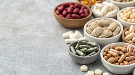 Assorted dietary supplements in bowls, displayed on a textured gray surface, showcasing natural ingredients and holistic health