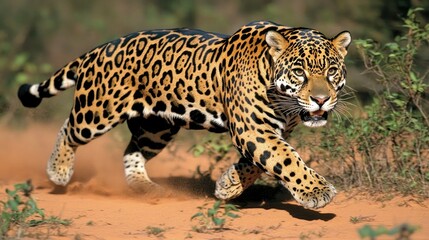 A jaguar dashes toward the viewer with intense focus, displaying its sleek body and striking spots...