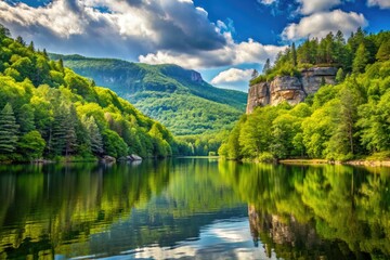 Obraz premium * Breathtaking Serene mountain lake surrounded by lush green forest and towering cliffs set against the majestic backdrop of upstate New York's Catskill Mountains.