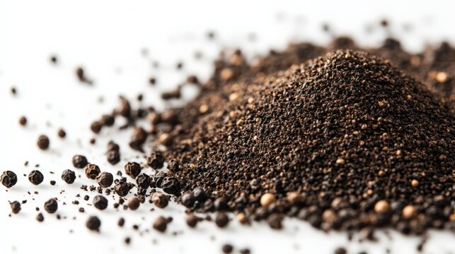 Close-up of a heap of black pepper powder and grains on a white background. Perfect for spice and culinary-themed projects.