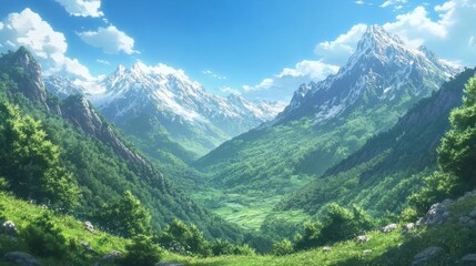 A breathtaking anime scene of towering mountains under a clear summer sky with lush green valleys below