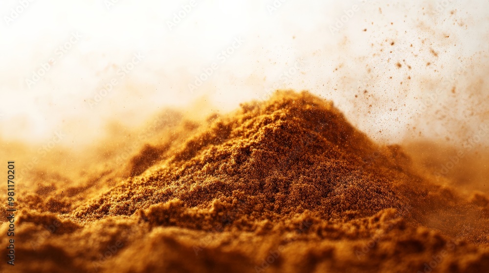 Poster close-up of a heap of ground spices with a warm, golden hue, creating a vibrant and aromatic visual 