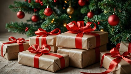 Beautifully wrapped Christmas presents with red ribbons under a decorated tree.