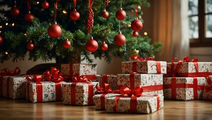 Beautifully wrapped Christmas presents with red ribbons under a decorated tree.