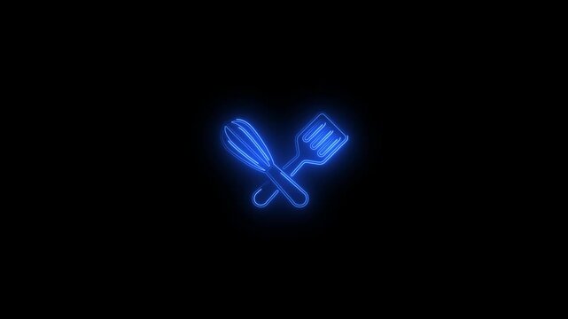 Kitchen tool icon. Whisk and spatula, cross and cross. neon style on black background. Light icon..