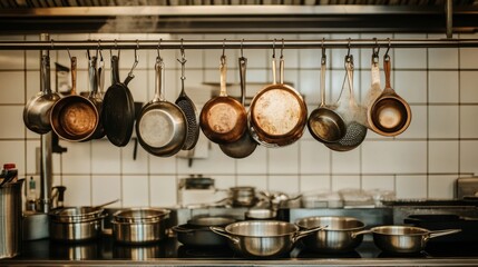 A professional kitchen scene with various pots and pans hanging from a rack, ready for use, emphasizing the organized and efficient layout of a culinary workspace