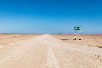 2025 signpost stands beside a desert path, representing future goals, business planning, and challenges, with copy space in the clear blue sky