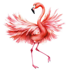 A dancing flamingo cartoon, animal character, watercolor illustration, pink and coral tones, isolated on white background