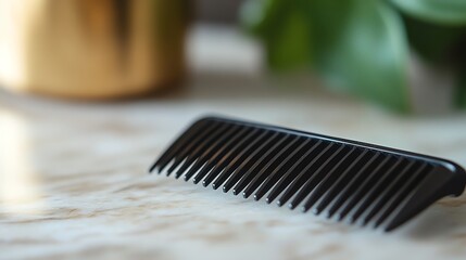 Closeup of a black comb on a white marble surface.