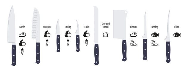 A set of kitchen knives. Professional cook tools. Cooking with sharp knives. Different types of knives. Vector illustration