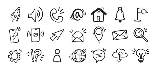 Naklejka premium Contact doodle hand drawn icon. Isolated communication signs for business