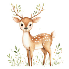 A happy-go-lucky deer cartoon, animal character, watercolor illustration, forest green tones, isolated on white background