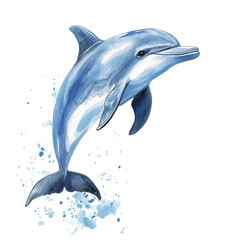 Obraz premium A joyful dolphin cartoon, animal character, watercolor illustration, ocean blue hues, isolated on white background