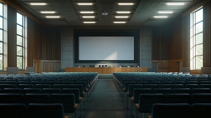 modern and spacious lecture hall with a large screen, rows of seats, and a detailed podium, designed to facilitate learning and academic presentations in a university setting