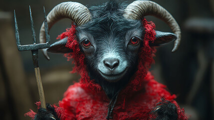 Goat in a devil costume with tiny horns and a pitchfork