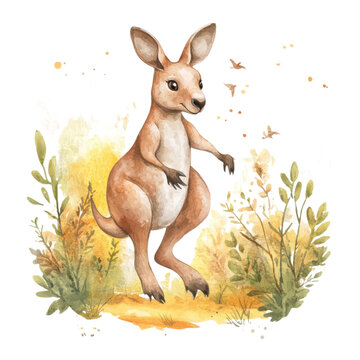 recommend clip art: A jumping kangaroo cartoon, animal character, watercolor illustration, sunset tones, isolated on white background
