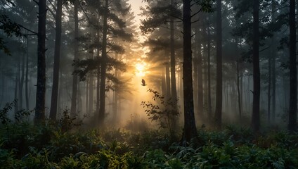Bird Soaring Through Misty Forest at Sunrise