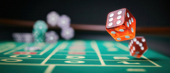 Neonlit dice tumbling across a craps table, casino setting, 3D illustration