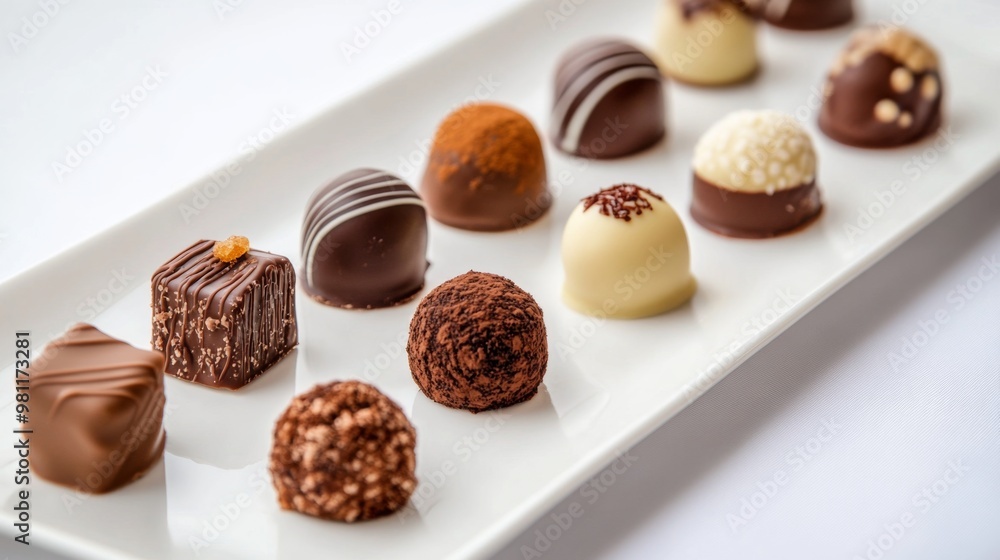 Poster A selection of chocolate truffles and pralines arranged on a white plate, emphasizing the luxurious appearance and delicate craftsmanship of the confectionery.