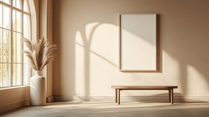 A minimalist interior featuring a bench, a vase with pampas grass, and a blank frame by a large window.