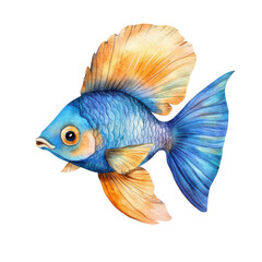 Fototapeta premium A swimming fish cartoon, animal character, watercolor illustration, vibrant underwater colors, isolated on white background