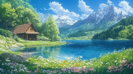 Fototapeta premium Serene Anime Summer Retreat: Small Cabin by Crystal-Clear Lake Amid Blooming Flowers