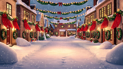 A snowy street decorated with festive lights and holiday wreaths, capturing the enchanting spirit of Christmas.
