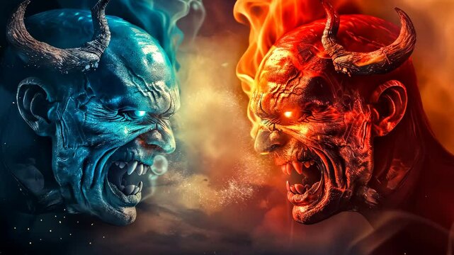Two demons screaming with horns and fire