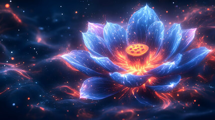 Abstract glowing blue lotus flower with red fire inside.