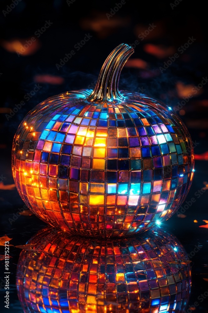 Sticker A disco ball pumpkin glows brightly in the dark, reflecting light in a kaleidoscope of colors.