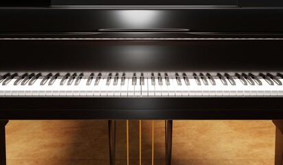 Architecture details of the wooden concert stage in an auditorium with a black grand piano. Piano with lights. 3D illustration.