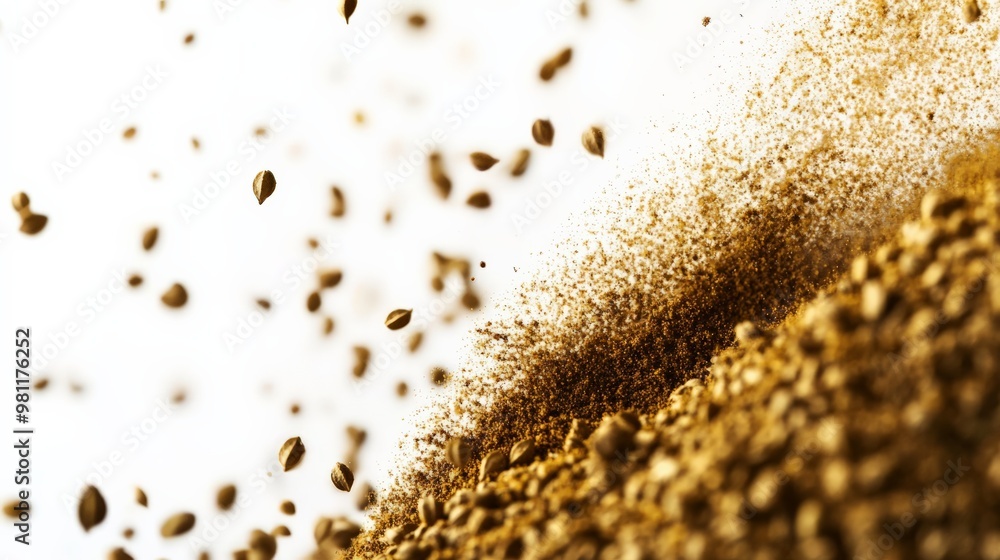 Poster close-up of coriander seeds in motion, capturing dynamic movement and texture on a white background.