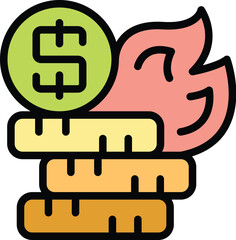 Dollar coin burning on stack of coins is representing the concept of inflation