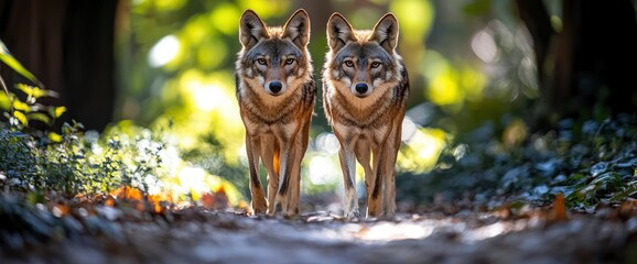 Two Red Wolves Walking Through a Forest Path © GenVision