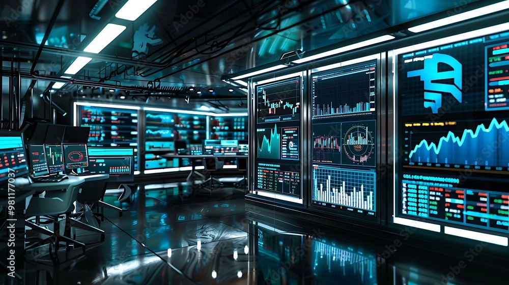 Poster a futuristic financial trading room with multiple monitors displaying real-time stock market data an