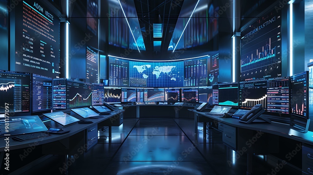 Poster a futuristic financial trading room with multiple monitors displaying real-time stock market data an