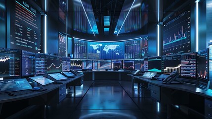 A futuristic financial trading room with multiple monitors displaying real-time stock market data and graphs, indicating a bullish trend