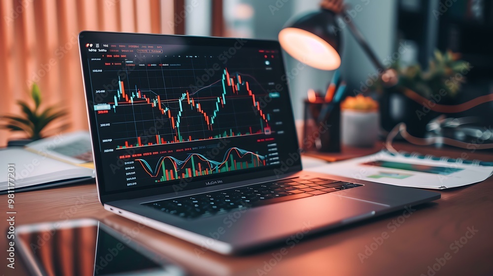 Poster a laptop on a desk showing a successful stock market performance with charts and numbers, surrounded