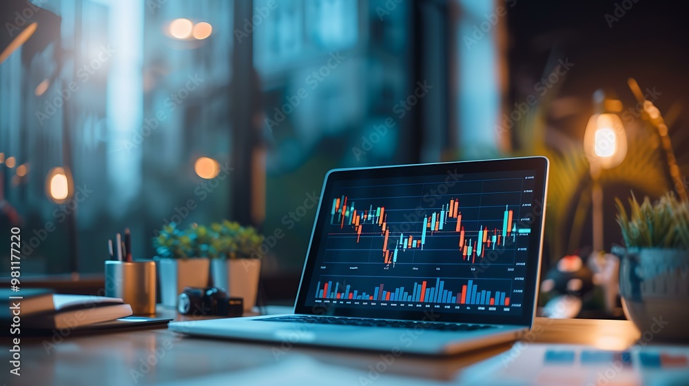 Poster a laptop on a desk showing a successful stock market performance with charts and numbers, surrounded