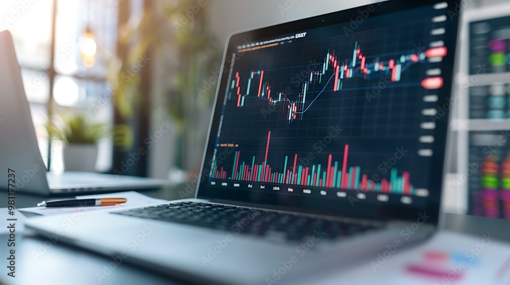 Poster a laptop on a desk showing a successful stock market performance with charts and numbers, surrounded