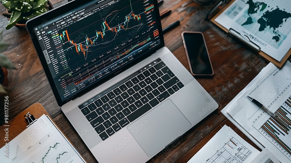 Poster a laptop on a desk showing a successful stock market performance with charts and numbers, surrounded