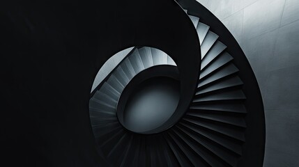 Fototapeta premium A black staircase spiraling upwards in a minimalist modern building, with shadows creating depth.