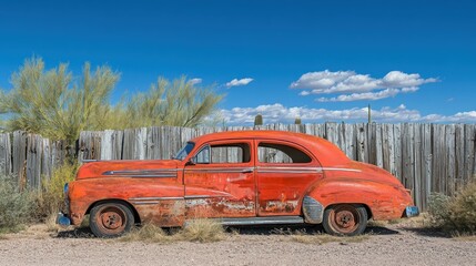 A side profile view of a classic western vintage car parked in front of a weathered wooden fence, surrounded by desert cacti and tumbleweeds. The expansive sky above and the ground beneath offer