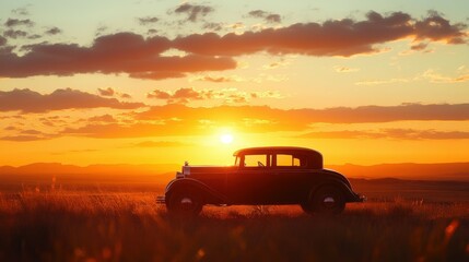 Fototapeta premium A dramatic image of a vintage western car at sunset, with the sun casting long shadows across the desert landscape. The car's silhouette stands out against the sky, with ample room for copy in the