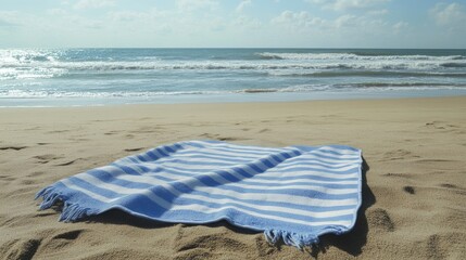 A blue-striped beach towel spread out on the sand, with the ocean waves visible in the background.