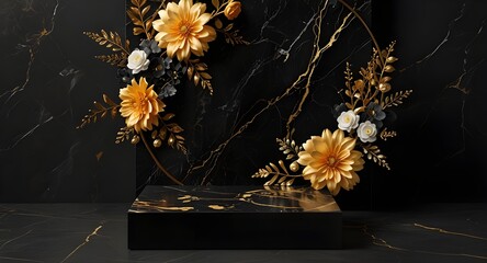 black and gold marble display podium for luxury product advertisement with a beautiful black color background with flowers and floral