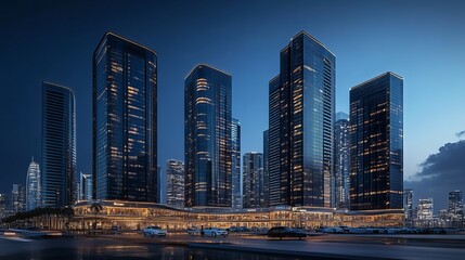 Fototapeta premium 3D Render of a Vibrant Cityscape with Illuminated Skyscrapers and Modern Shopping Mall at Night