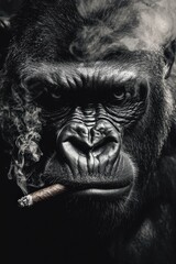 A black-and-white close-up of a gorilla smoking a cigar, exuding intensity and power.