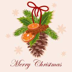 Conifer branches vector illustration. Pine cone, spruce, fir tree branches with orange and red ribbon. Stock winter nature clipart with red bow